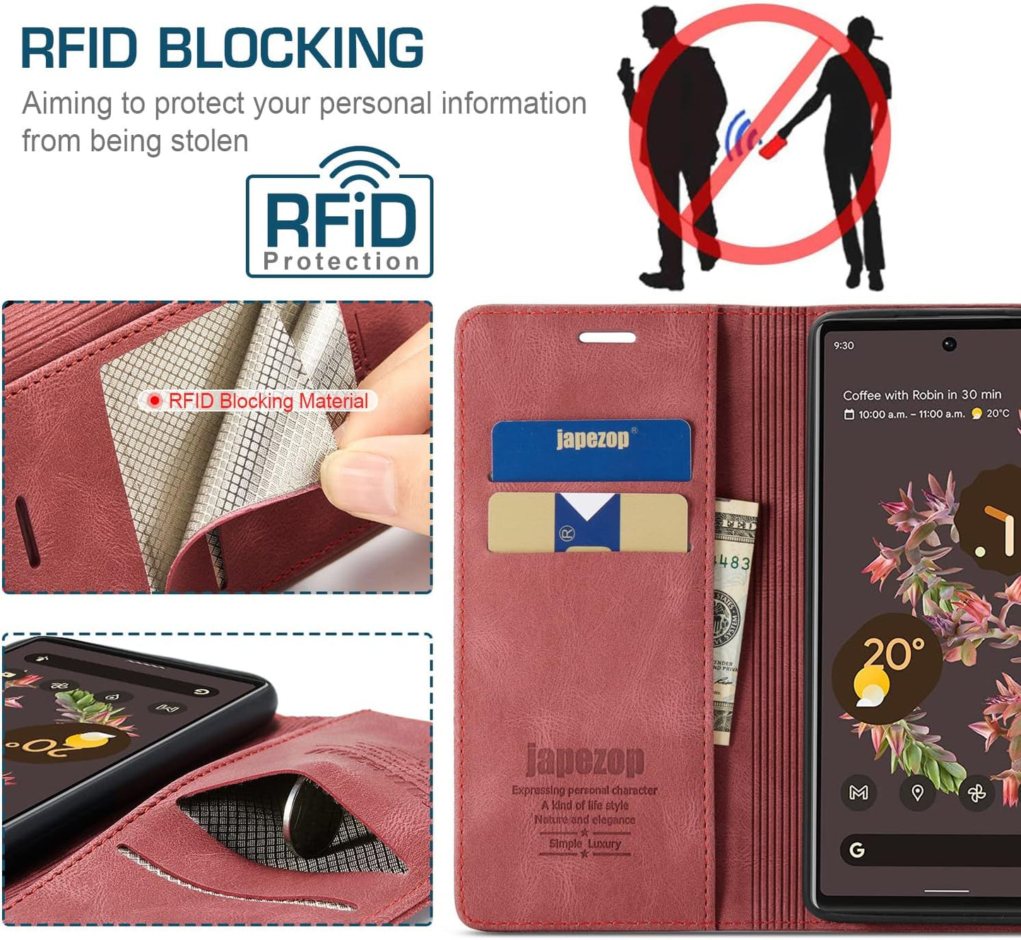 Google Pixel 6 5G Case,Google Pixel 6 5G Wallet Case with [RFID Blocking] Card Holder Kickstand Magnetic,Leather Flip Case for Google Pixel 6 5G 6.4 Inch (Wine Red)  japezop   