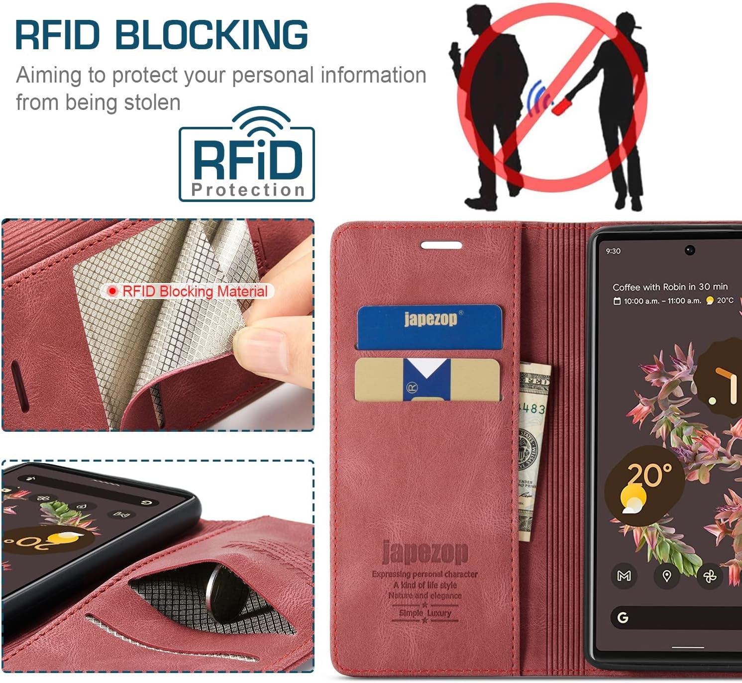 Google Pixel 6 5G Case,Google Pixel 6 5G Wallet Case with [RFID Blocking] Card Holder Kickstand Magnetic,Leather Flip Case for Google Pixel 6 5G 6.4 Inch (Wine Red)  japezop   