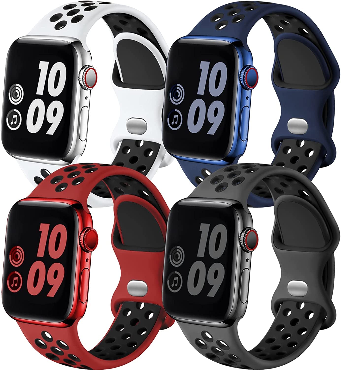 Adorve 4 Pack Sport Bands for Apple Watch 49Mm 41Mm 40Mm 38Mm 45Mm 44Mm 42Mm for Women Men, Durable Breathable Soft Silicone Replacement Wrist Strap for Iwatch Ultra SE Series 8 7 6 5 4 3 2 1, S/M M/L  Adorve WhiteBlack/DarkBlueBlack/RedBlack/AnthraciteBlack 42mm/44mm/45mm/49mm S/M 