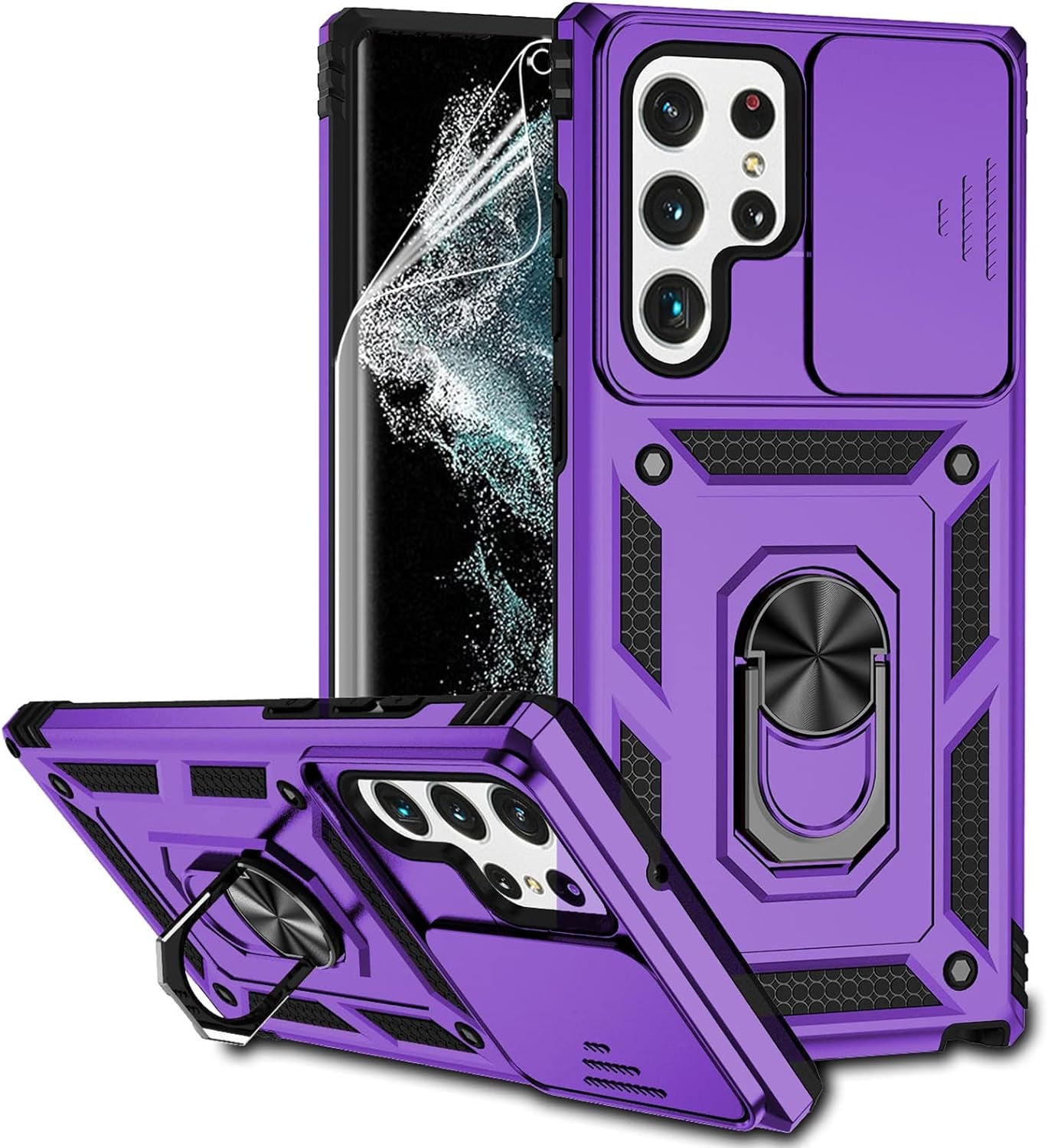 For Samsung Galaxy S22 Ultra Case with Camera Lens Cover HD Screen Protector, Military-Grade Drop Tested Magnetic Ring Holder Kickstand Protective Phone Case for Samsung Galaxy S22 Ultra 5G (Purple)  JINZHI Inc   