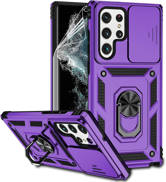 For Samsung Galaxy S22 Ultra Case with Camera Lens Cover HD Screen Protector, Military-Grade Drop Tested Magnetic Ring Holder Kickstand Protective Phone Case for Samsung Galaxy S22 Ultra 5G (Purple)  JINZHI Inc   