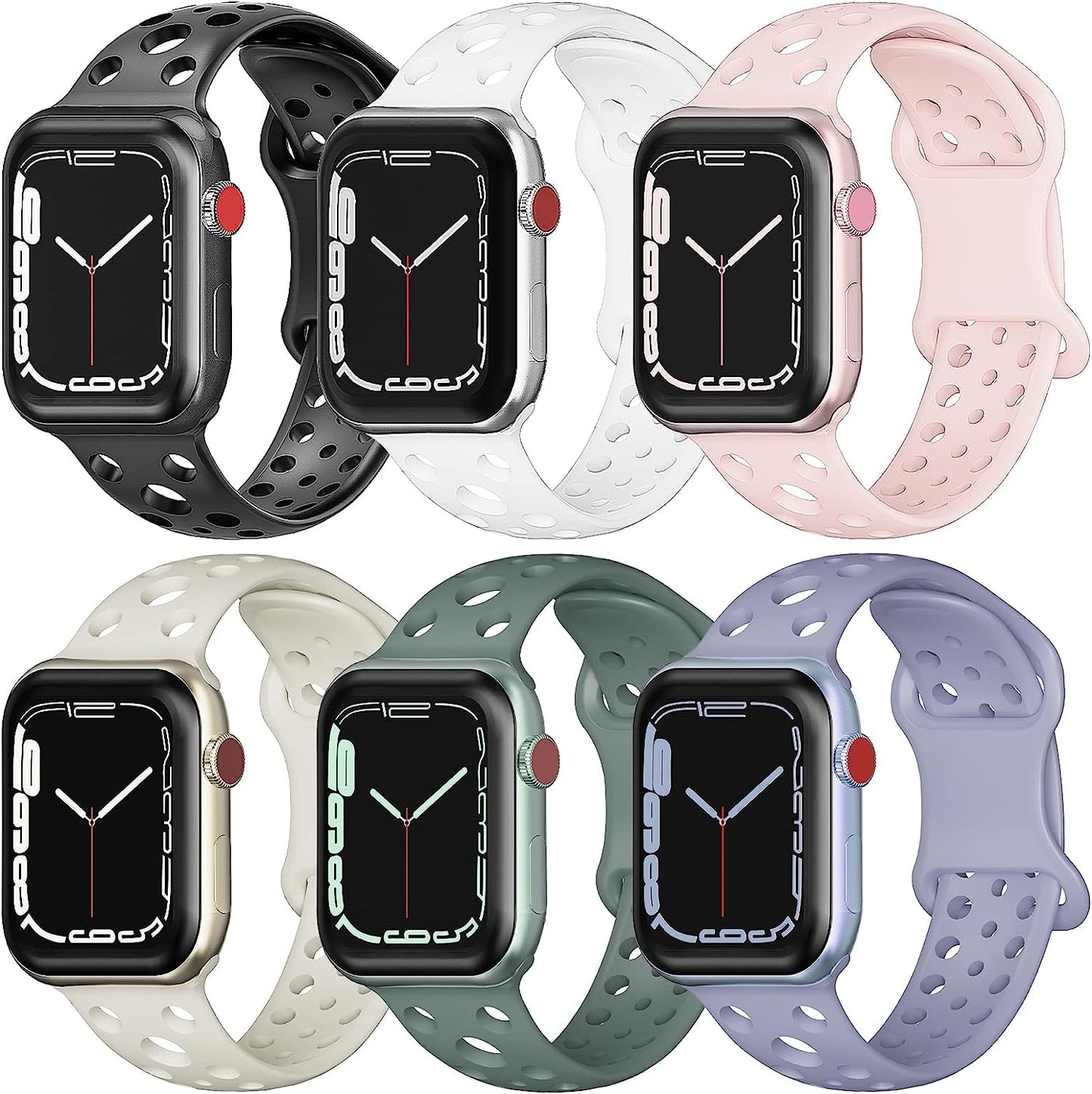 Wohben 6 Pack Sport Bands Compatible with Apple Watch Band 38Mm 40Mm 41Mm 42Mm 44Mm 45Mm Women Men, Breathable Soft Silicone Bands Waterproof Replacement Strap for Iwatch Series 7 6 5 4 3 2 1 SE  Wohben black/white/sand pink/starlight/eucalyptus green/lavender ash 42/44/45/49MM 