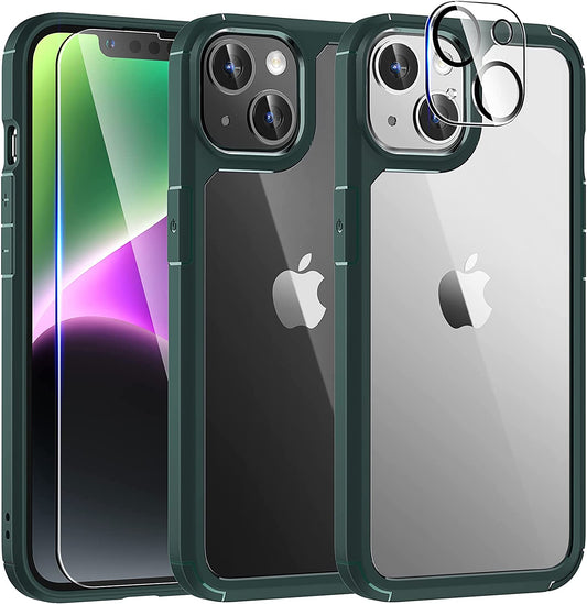 TAURI 5 in 1 Designed for Iphone 14 Case, [Not Yellowing] with 2 Screen Protector + 2 Camera Lens Protector [Military Drop Protection] Shockproof Slim Phone Case for Iphone 14 - Green  TAURI Green  