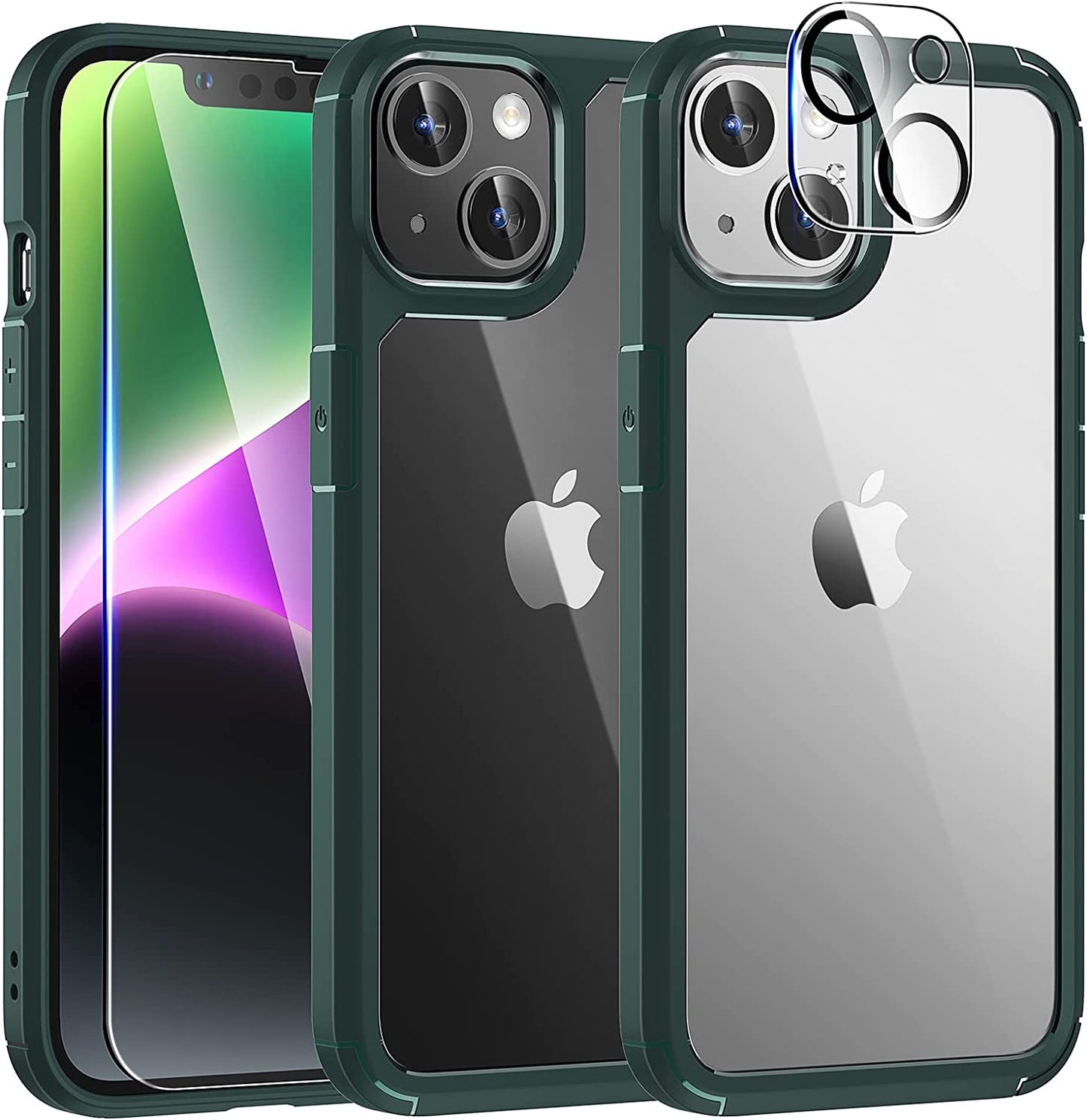 TAURI 5 in 1 for Iphone 14 Case, [Not Yellowing] with 2 Tempered Glass Screen Protectors + 2 Camera Lens Protectors [Military Grade Protection] Shockproof Slim Phone Case 6.1 Inch, Matteblack  TAURI Green  