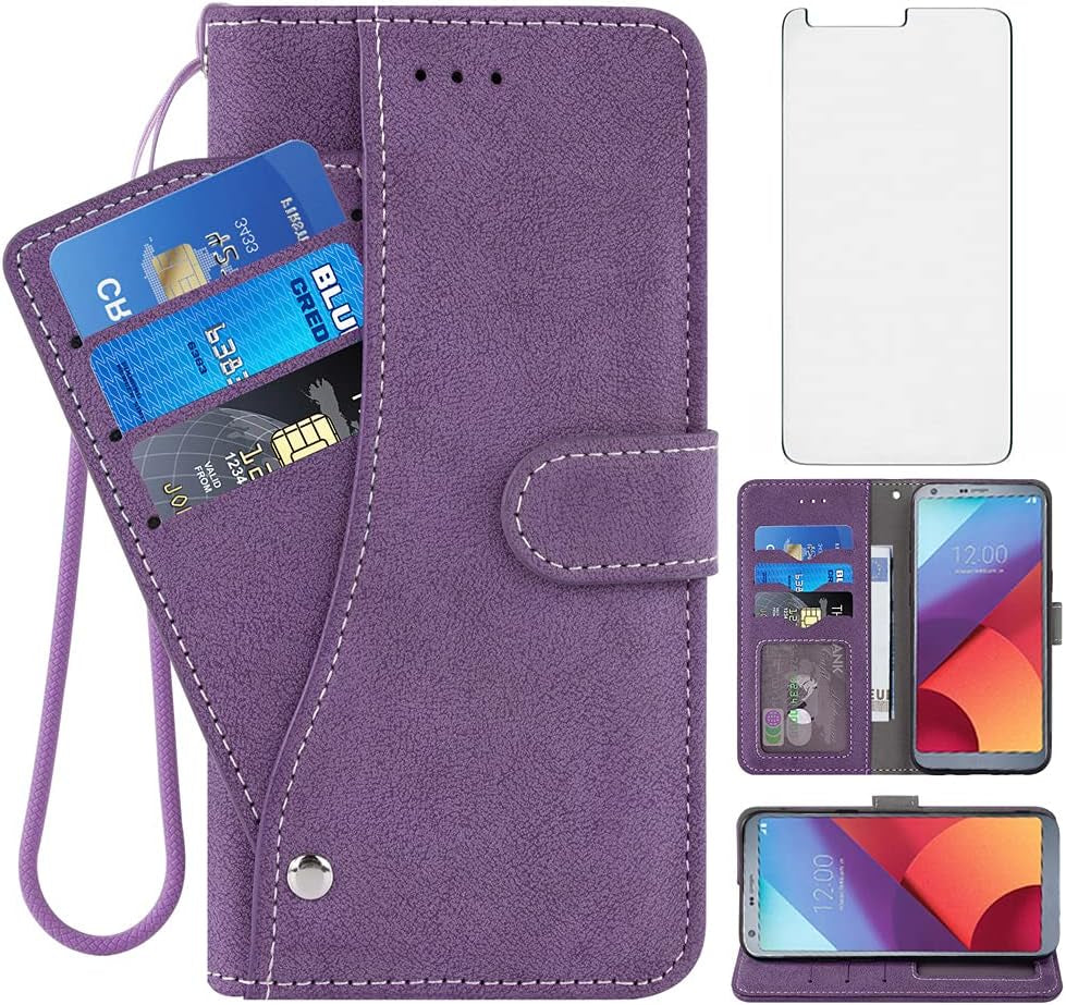 Asuwish Compatible with LG G6 Wallet Case and Tempered Glass Screen Protector Flip Credit Card Slot Holder Stand Shockproof Cell Phone Cover for LGG6 Thinq LG6 Thin Q G 6 plus G6+ 6G VS988 H872 Blue  NSS Purple  