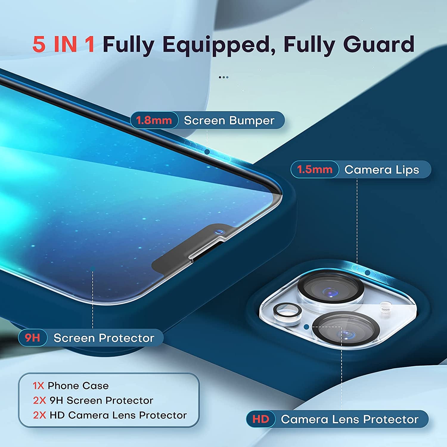 TOCOL [5 in 1 for Iphone 14 Case, with 2 Pack Screen Protector + 2 Pack Camera Lens Protector, Slim Liquid Silicone Phone Case 14 6.1 Inch, [Anti-Scratch] [Drop Protection], Midnight Blue  TOCOL   