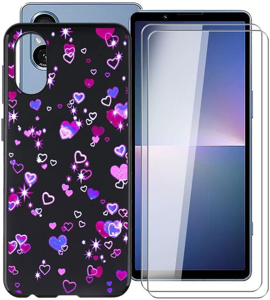 WIMSPEED Shockproof Phone Case for Sony Xperia 5 V (6.1") + 2 Pack Tempered Glass Protective Film, Slim Soft Silicone Shell anti Scratch TPU Cover for Sony Xperia 5 V - Love Bubbles  WIMSPEED   