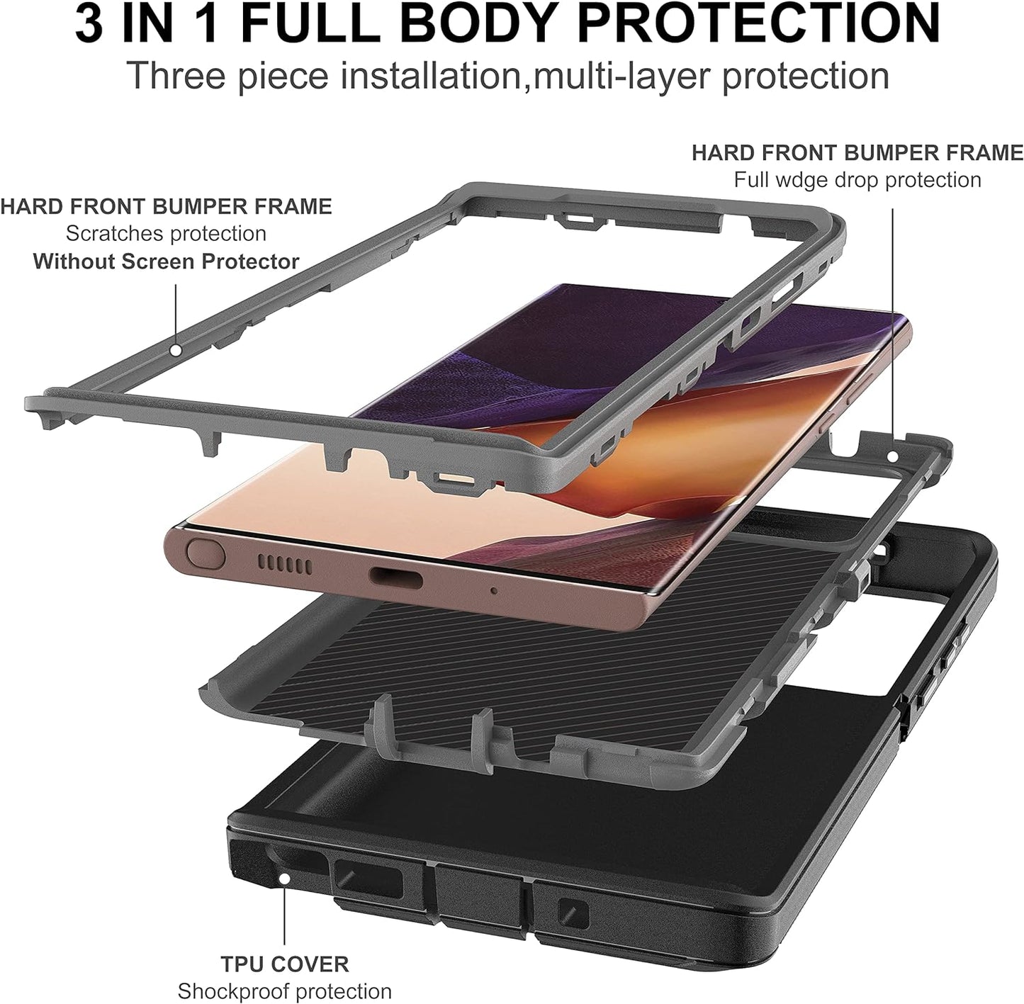 HONG-AMY for Note 20 Ultra Case, Galaxy Note 20 Ultra Case with Self Healing Flexible TPU Screen Protector [2 Pack], 3 in 1 Heavy Duty Protection Case for Samsung Note 20 Ultra 5G(Black/Grey)  HONG-AMY   