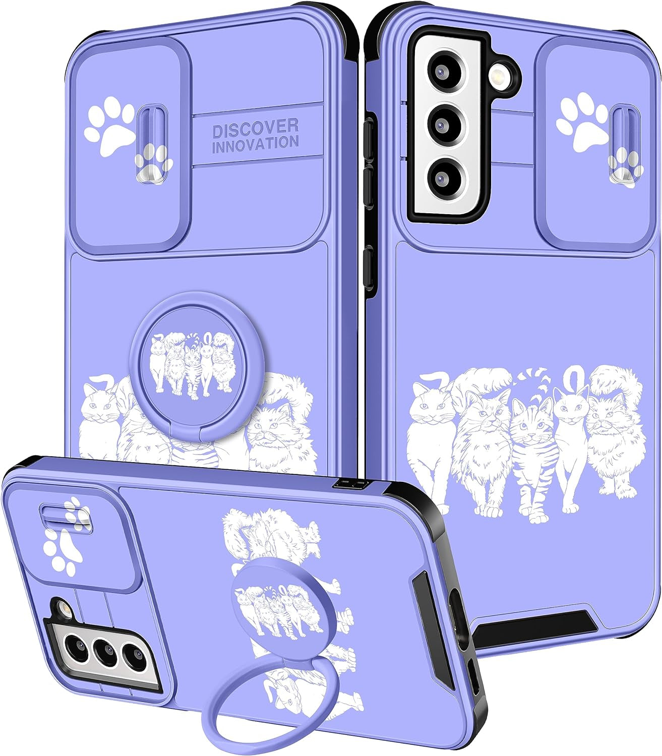 Funermei (2In1 for Samsung Galaxy S21 Case for Women Butterfly Cute Girls Phone Cover Girly Pretty Aesthetic Kawaii Black Butterfly Design with Camera Cover + Ring Stand Funda for Galaxy S21 5G Case  Funermei 4-For S21-Cats  