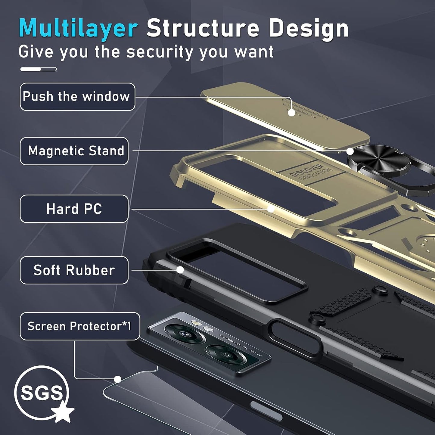 Janmitta Oneplus Nord N300 5G Case Built in Slide Camera Lens Cover and Screen Protector,Heavy Duty Shockproof Full Body Protective Phone Cover,Built in Finger Ring Stable Holder Kickstand,2022 Gold  Janmitta   