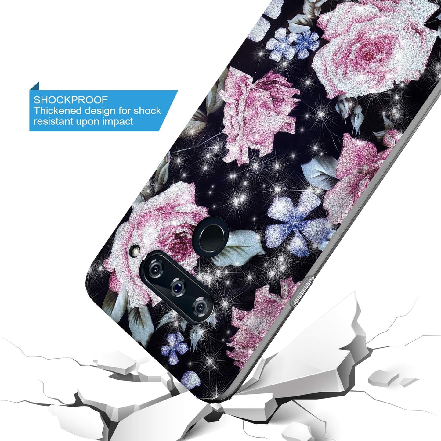 GORGCASE Phone Case Compatible for LG V40 THINQ 2018 Case, LG V40 CASE with Screen Protector,Slim PC Anti-Scratch Shock-Proof Cute Sparkle Bling Girls Women Protective Cover for LG V40 Black Flower  GORGCASE   