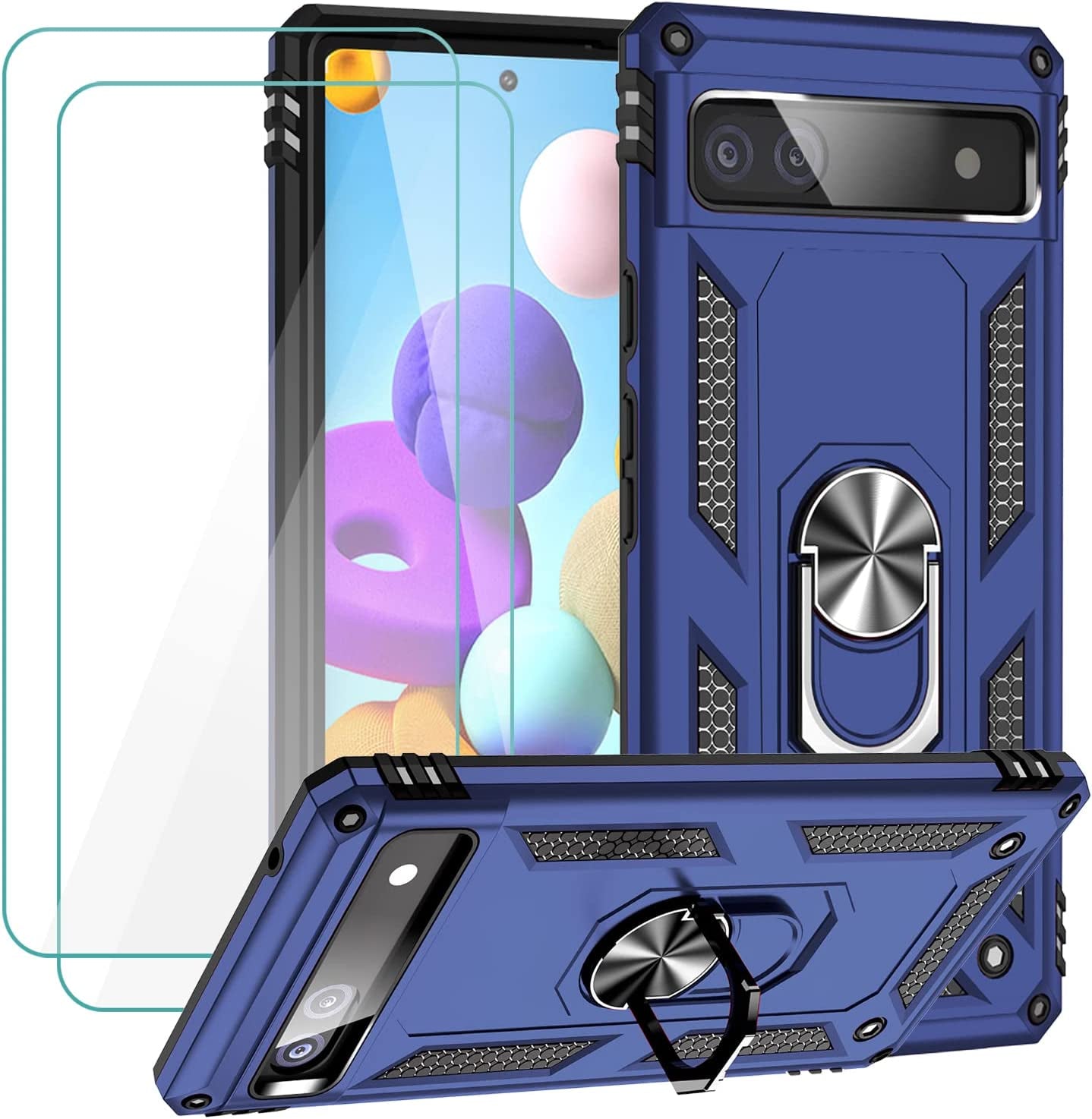 Muntinfe for Google Pixel 6A Case with Tempered Glass Screen Protector [2 Pack], Military-Grade Armor Shockproof Protective Phone Cover with Ring Magnetic Kickstand for Pixel 6A, Black  CAROL Blue  