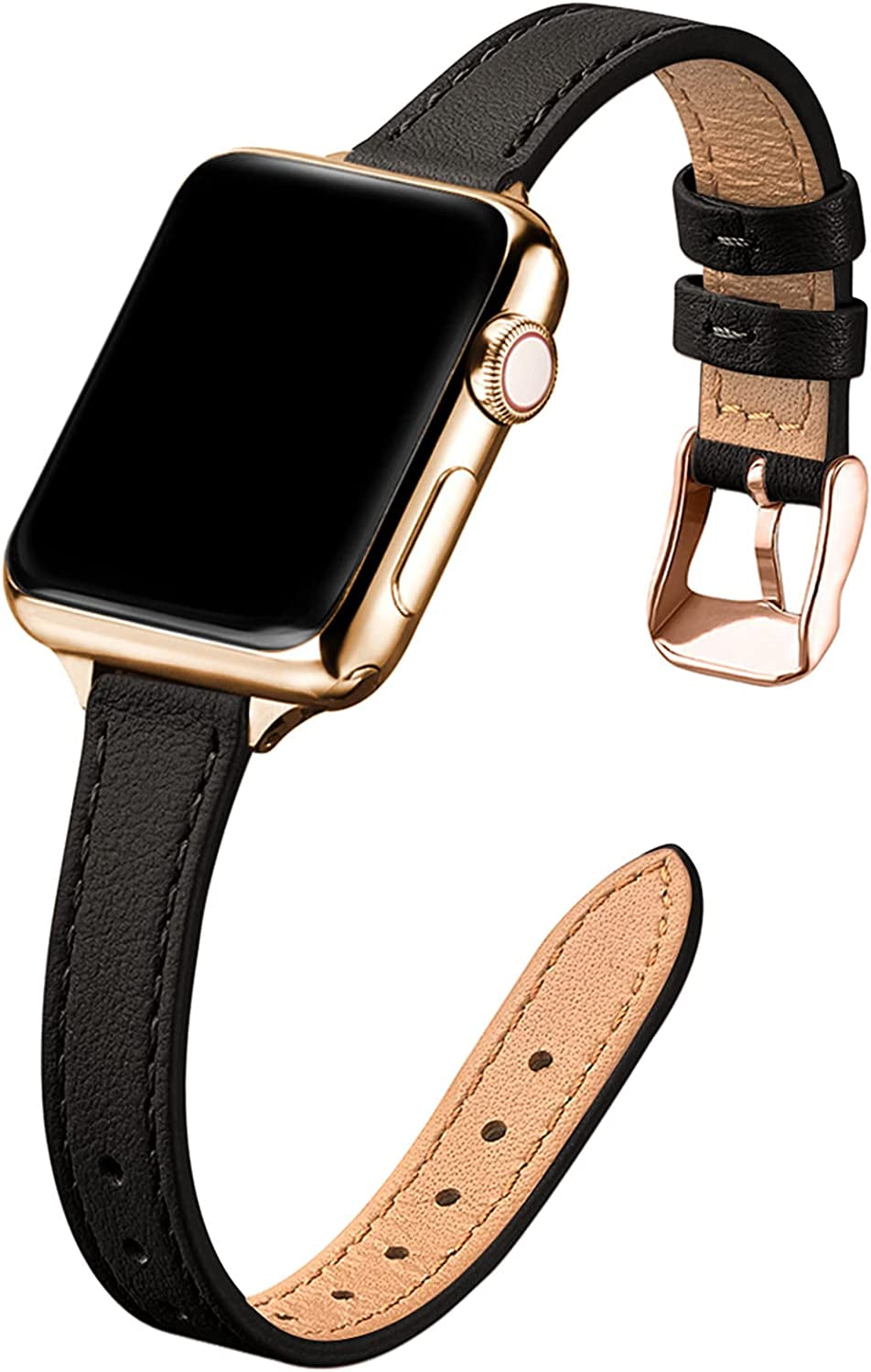 STIROLL Slim Leather Bands Compatible with Apple Watch Band 38Mm 40Mm 41Mm 42Mm 44Mm 45Mm 49Mm, Top Grain Leather Watch Thin Wristband for Iwatch Ultra SE Series 8/7/6/5/4/3/2/1  STIROLL Black with Gold 42mm/44mm/45mm/49mm 