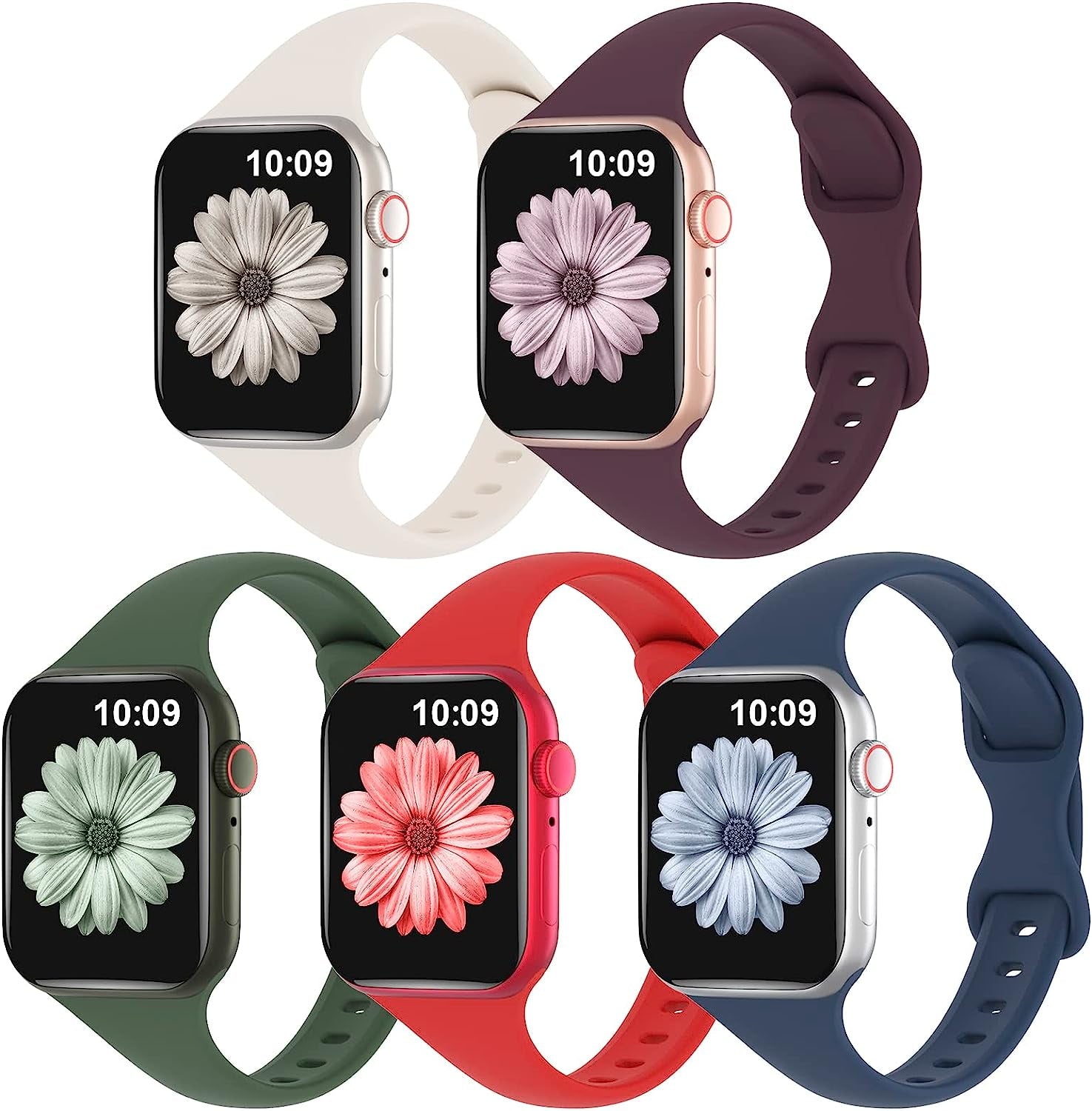 TSAAGAN 5 Pack Silicone Slim Bands Compatible with Apple Watch Band 38Mm 42Mm 40Mm 44Mm 41Mm 45Mm 49Mm, Soft Narrow Sport Strap Thin Wristband for Iwatch Ultra Series 8/7/SE/6/5/4/3/2/1 Women Men  TSAAGAN Starlight/Dark Cherry/Clover/Red/Abyss Blue 38/40/41mm 