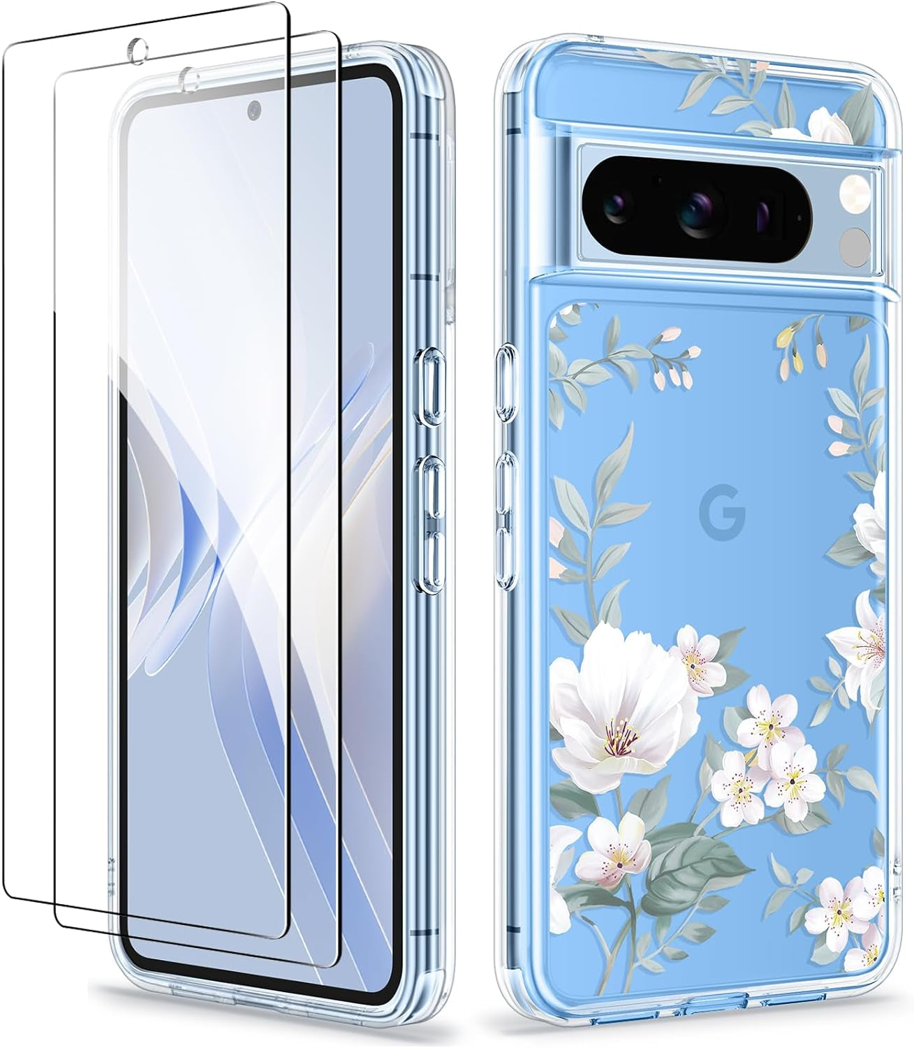GVIEWIN Compatible with Google Pixel 8 Pro Case, with 2X Screen Protectors, [Not Yellowing + Military Grade Drop Tested] Clear Floral Slim Shockproof Protective Women Phone Case(Catharanthus/Pink)  GVIEWIN Magnolia/White  