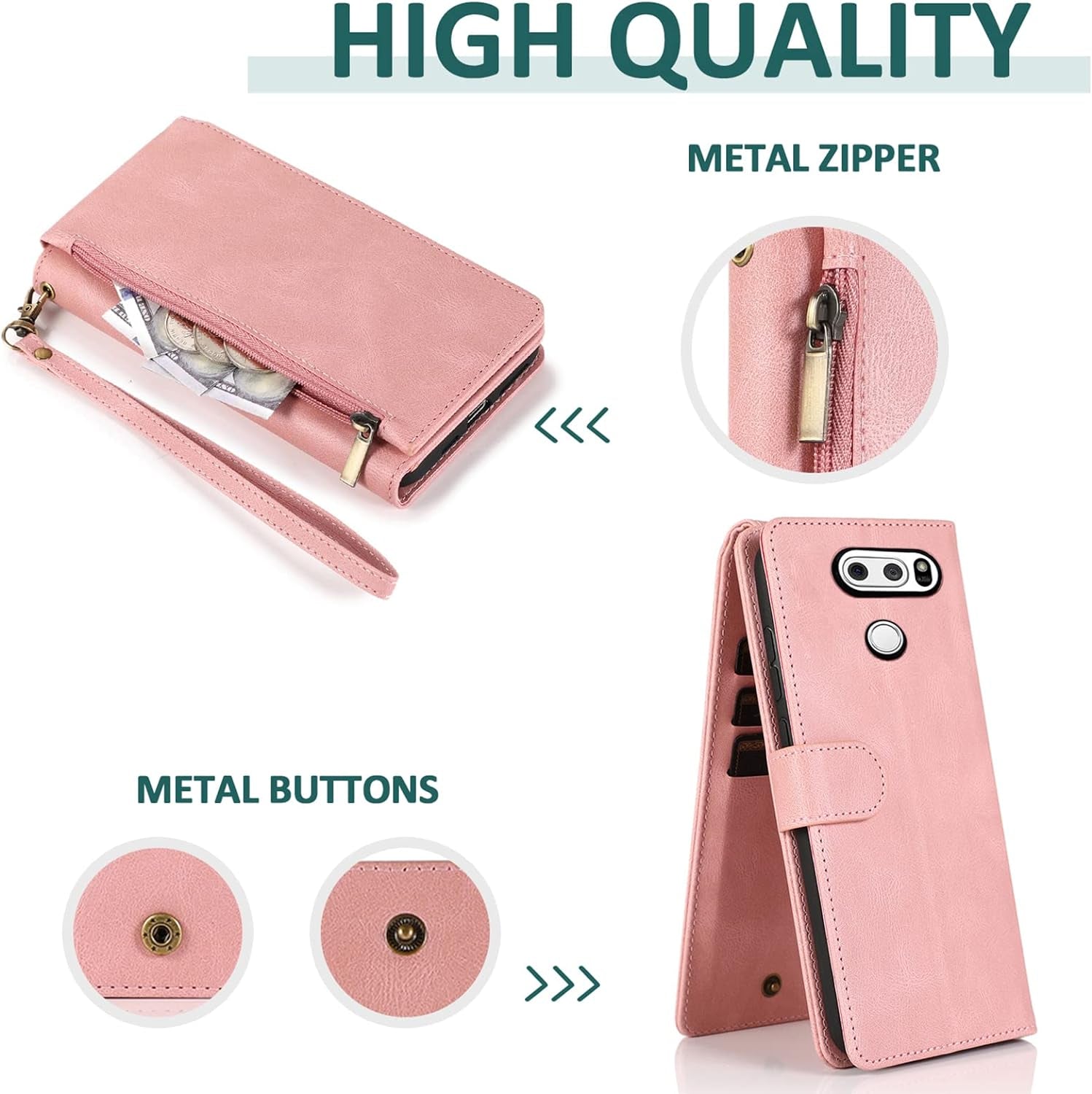 Compatible with LG V35 Thinq V30 plus Wallet Case Tempered Glass Screen Protector Zipper Leather Flip Cover Card Holder Accessories for LGV30 LGV35 LG30 LG35 V 30 35 V30+ V30S H931 Women Rose Gold  Asuwish   