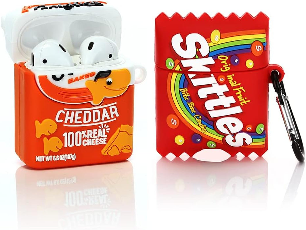 (2 Pack) Cute Airpods 1/2 Case Silicone Cover with Keychain, Cartoon Skin Design Headphones Charging Case Protective Cover Accessories Kits Compatible for Airpods 1 and 2 (Black+White)  BGAANM Goldfish+Candy  