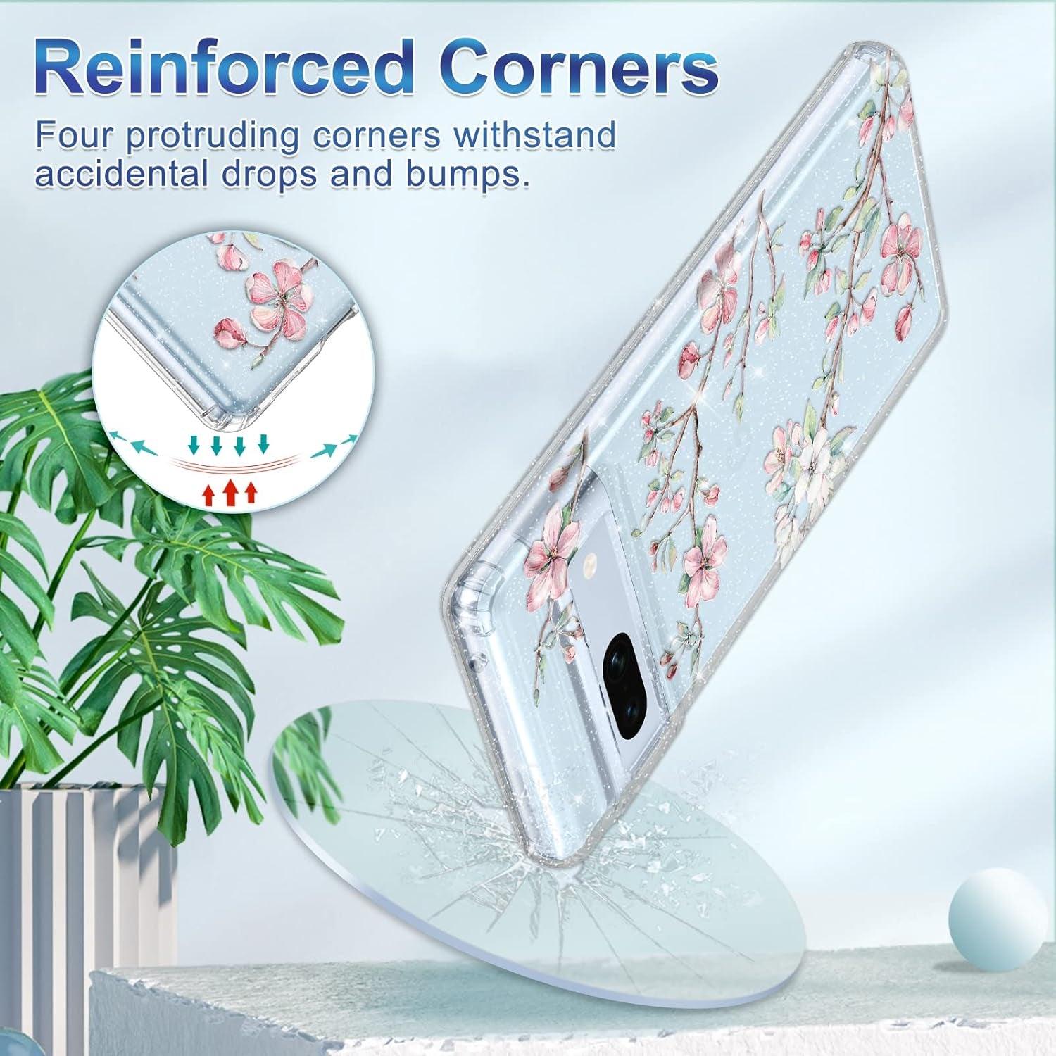 Lamcase Compatible with Google Pixel 7A Case, with 2 Screen Protector + 2 Camera Lens Protector Crystal Bling Sparkly Shiny Soft Flexible TPU Slim Drop Protection for Women Girls, Apricot Flower  Lamcase   