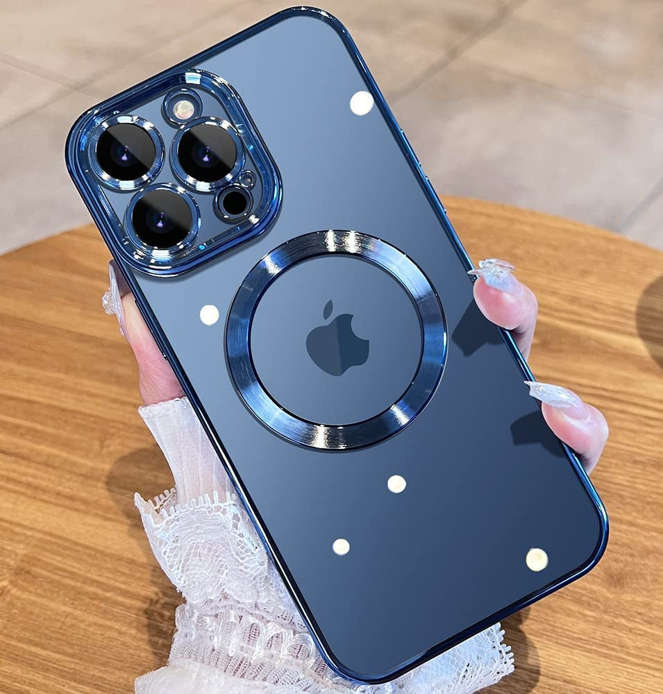 JUESHITUO Magnetic Glossy Clear for Iphone 14 Pro Max Case with Full Camera Cover Protection [No.1 Strong N52 Magnets] [Military Grade Drop Protection] for Women Girls Phone Case (6.7")-Silver  JUESHITUO F-Deep Blue  