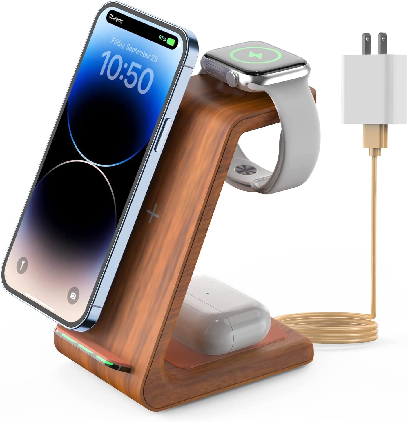 Joygeek Wireless Charging Station, Wireless Charger Stand, 3 in 1 Charging Station for Apple Iphone 14/13/12/11/SE/X/8 Series, Apple Watch Ultra/8/Se/7/6/3, Airpods Pro 2/3/2/Pro - White  JoyGeek Woodgrain Color  
