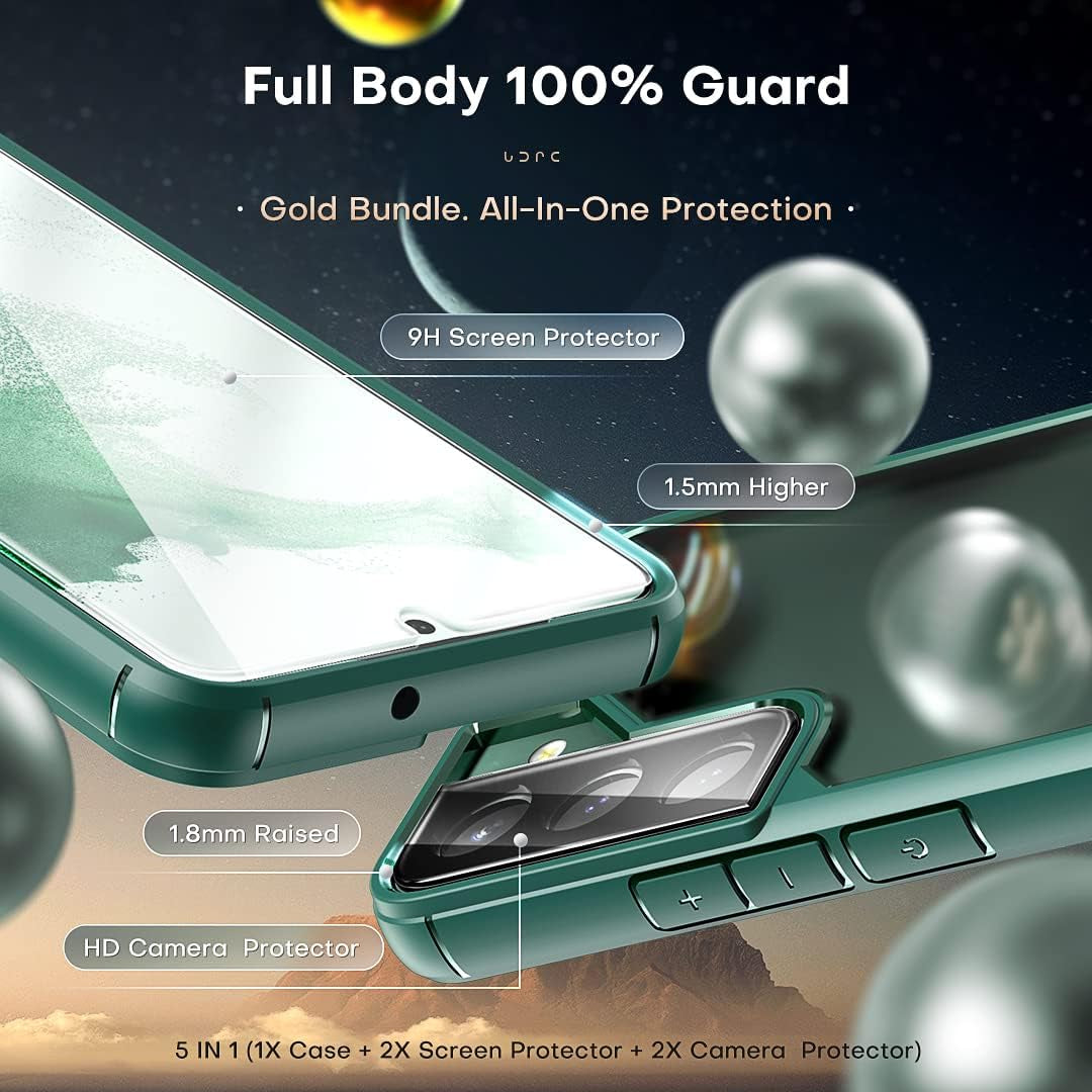 TOCOL [5 in 1 for Samsung Galaxy S22 Case 6.1 Inch, with 2 Pack Screen Protector + 2 Pack Camera Lens Protector, Translucent Matte Back [Military Grade Protection] Case for Galaxy S22 5G, Green  TOCOL   