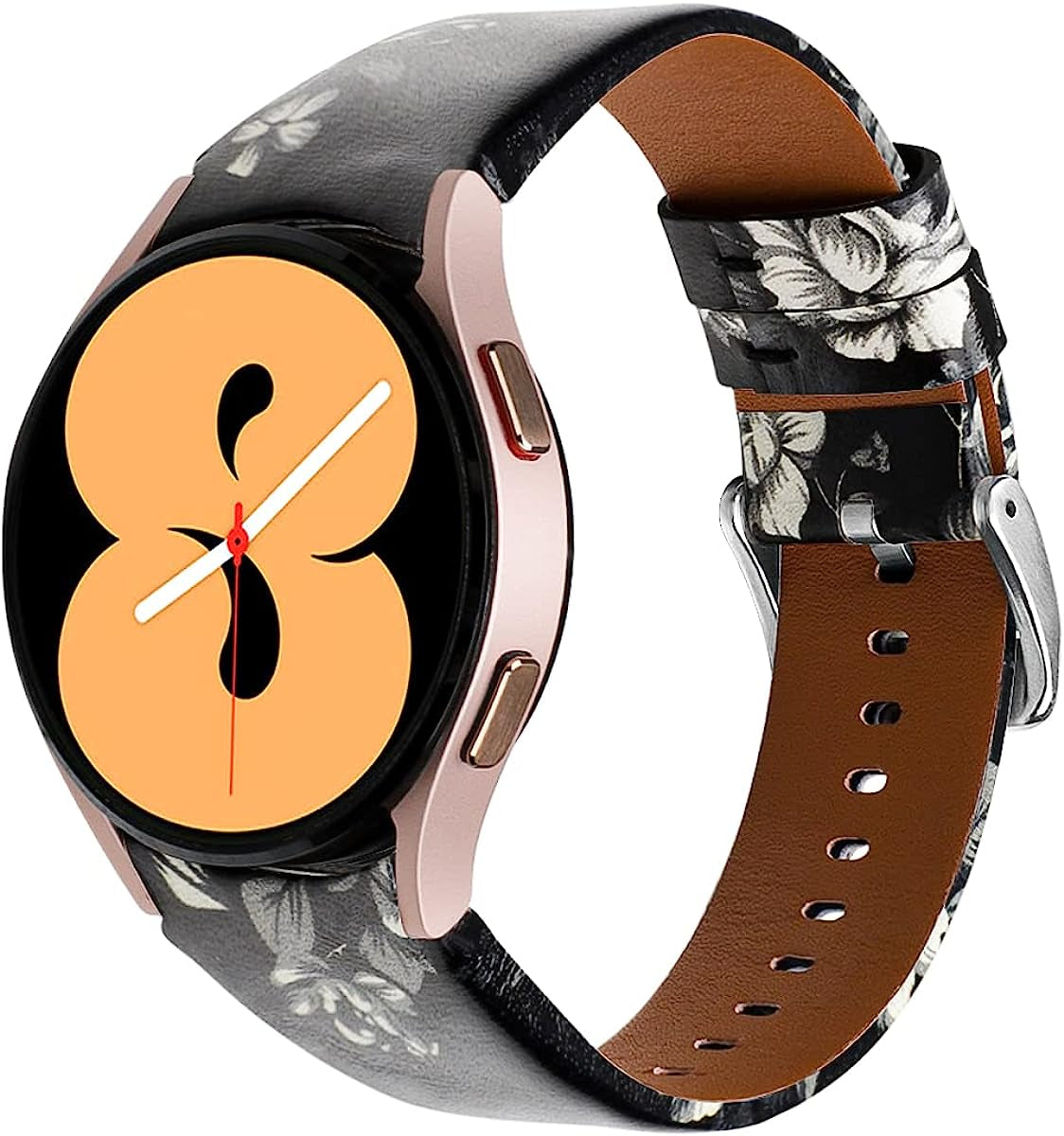 Genuine Leather Bands Compatible for Samsung Galaxy Watch 4 Band 40Mm 44Mm,20Mm Adjustable Sport Replacement Watch Band Straps for Galaxy Watch 4 Classic Band 42Mm 46Mm Women Men  通用 Black Flowers  