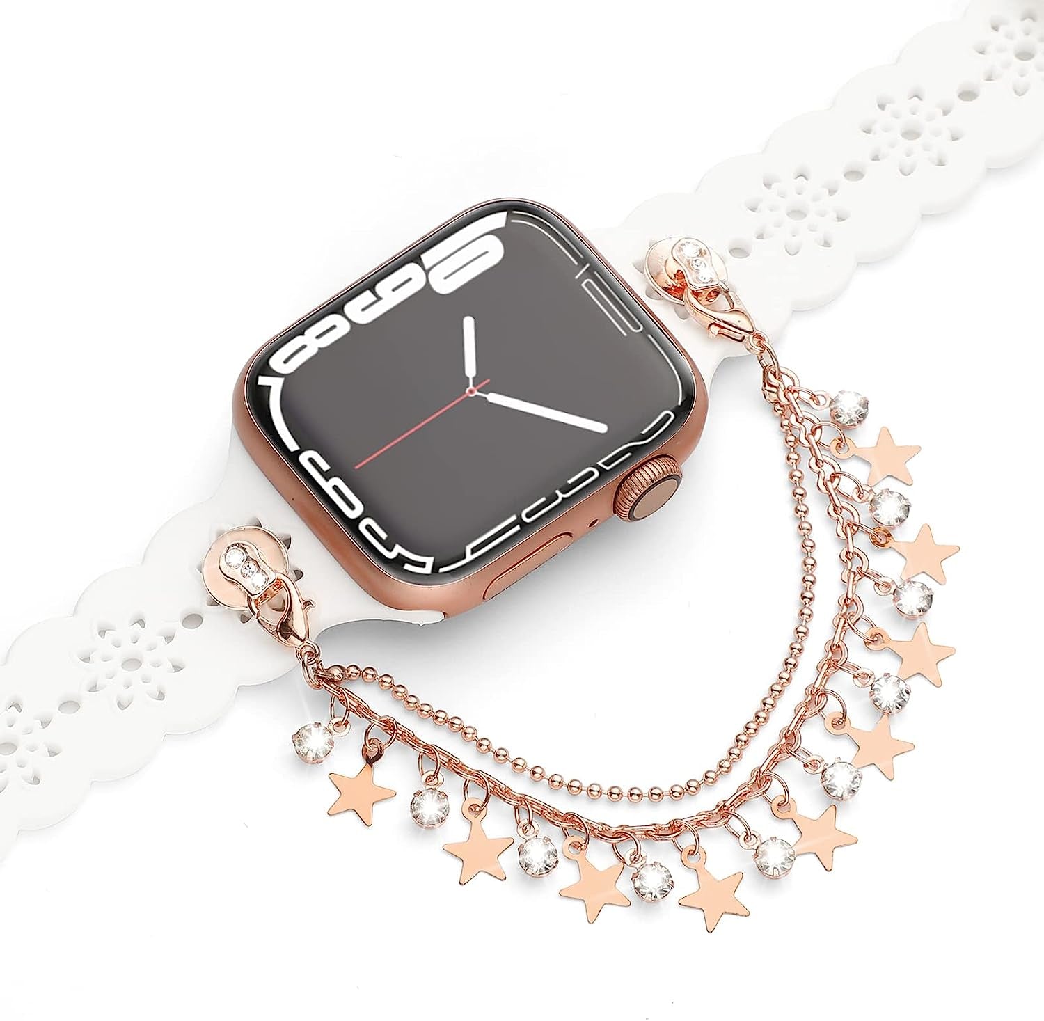 Floral Silicone Band Compatible with Apple Watch Bands 38Mm 40Mm 42Mm 44Mm 41Mm 45Mm 49Mm Women Men, Slim Hollow-Out Design Wristbands Soft Sport Breathable Watch Bands for Iwatch Ultra SE Series 8/7/6/5/4/3/2/1  Wewatri White with Diamond 38mm/40mm/41mm 