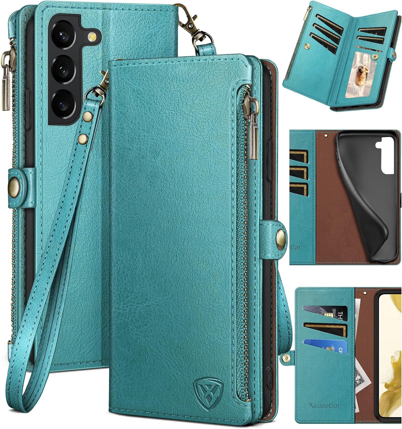 Xcasebar for Samsung Galaxy S22 plus Wallet Case with Zipper Credit Card Holder【Rfid Blocking】, Flip Folio Book PU Leather Phone Case Shockproof Cover Women Men for S22 plus Case Black  XcaseBar Blue Green  