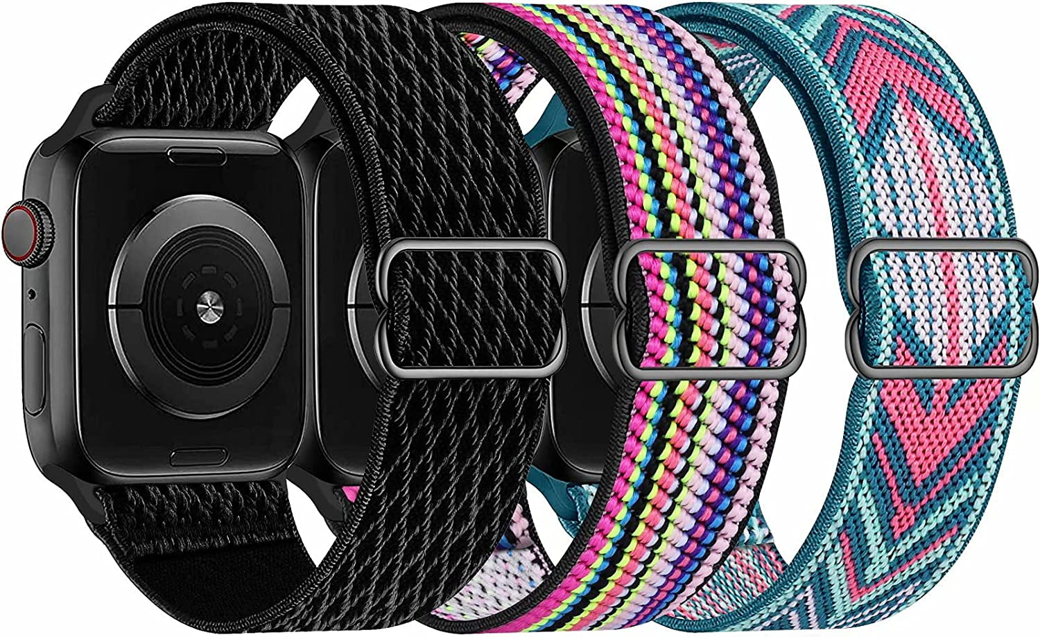 Swhatty Stretchy Nylon Solo Loop Bands Compatible with Apple Watch 41Mm 40Mm 38Mm, Adjustable Braided Sport Elastics Women Men Strap for Iwatch Series 8 7 6 5 4 3 2 1 SE (Black, Rose Pink, Cream)  Swhatty Black/Pride/Green Arrow 38mm/40mm/41mm 