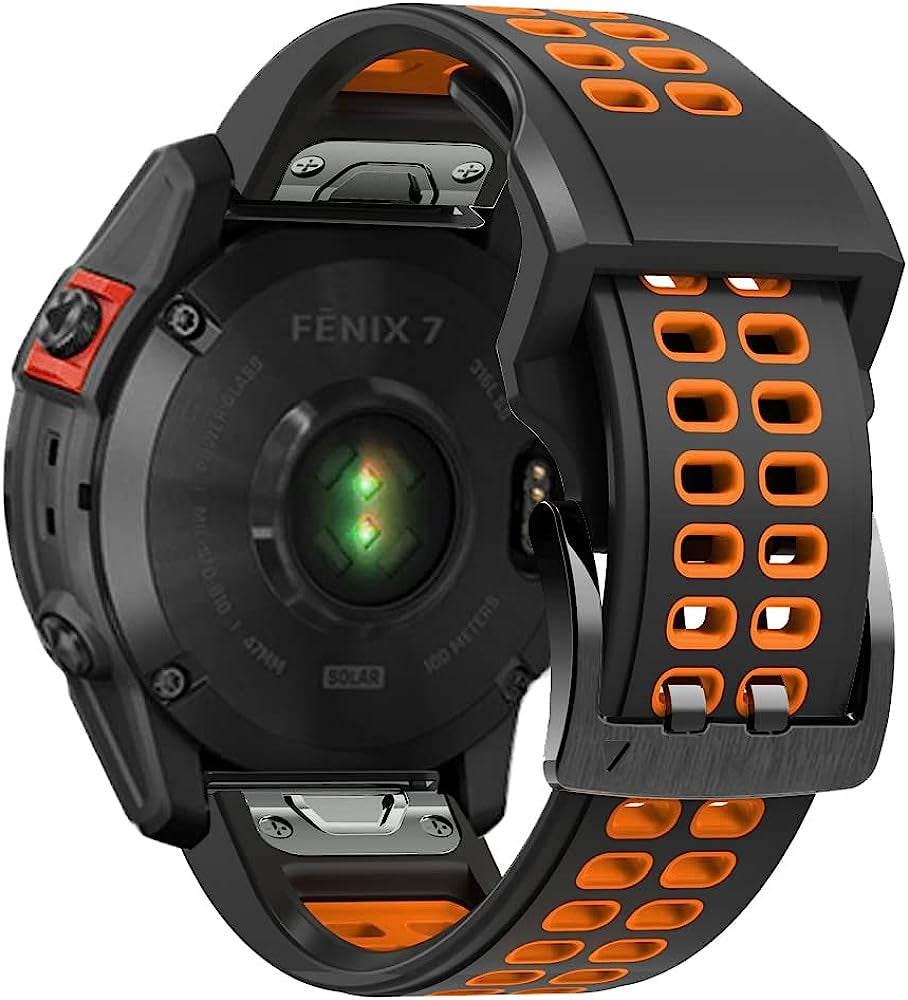 REYDA Silicone Band Compatible for Garmin Fenix 7/6/6 Pro/5/5 Plus, Soft Breathable Silicone Metal Bracelet Sport Wristband Replacement Band for Garmin Forerunner 935/945/955/965/Approach S60/S62  REYDA Black/Orange  