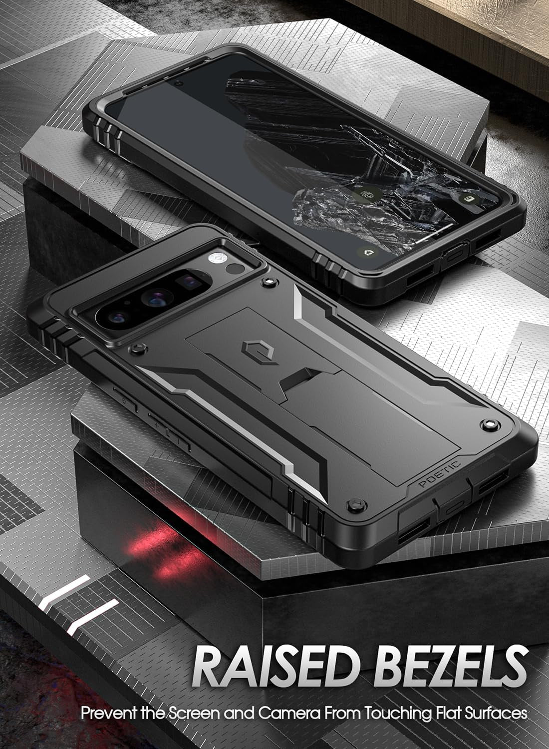 Poetic Revolution Case for Google Pixel 8 Pro 5G 6.7 Inch, Built-In Screen Protector Work with Fingerprint ID, Full Body Rugged Shockproof Protective Cover Case with Kickstand, Black  Poetic   