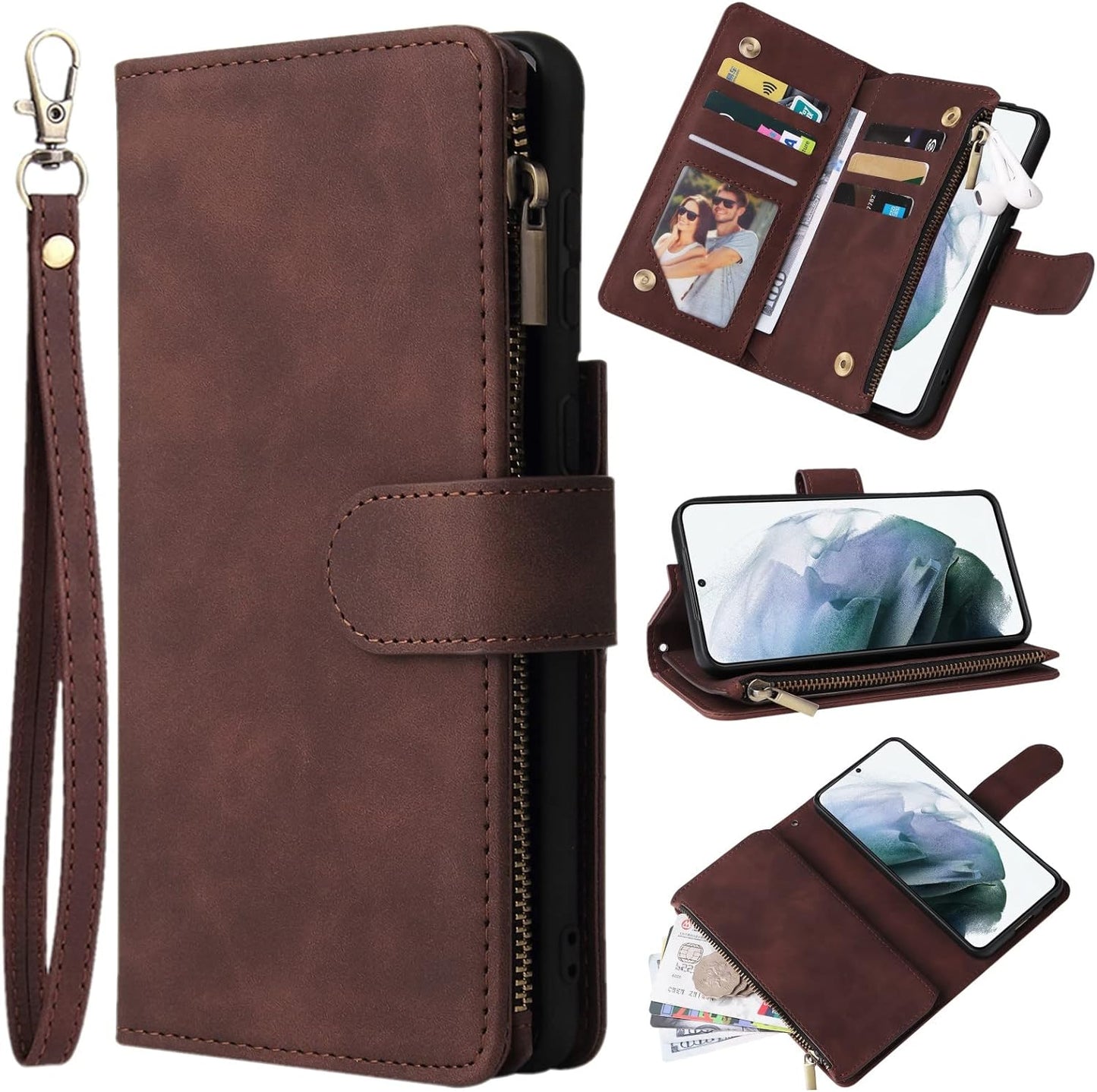 ZZXX Samsung Galaxy S22+ plus Case Wallet with Card Slot Premium Soft PU Leather Zipper Flip Folio with Wrist Strap Kickstand Protective for Samsung S22+ plus Wallet Case(Wine Red-6.6 Inch)  ZZXX Coffee Samsung Galaxy S22+ Plus 