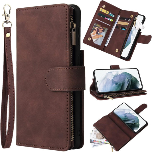 ZZXX Samsung Galaxy S22 Case Wallet with Card Slot Premium Soft PU Leather Zipper Flip Folio Wallet with Wrist Strap Kickstand Protective for Galaxy S22 Wallet Case(Coffee-6.1 Inch)  ZZXX   