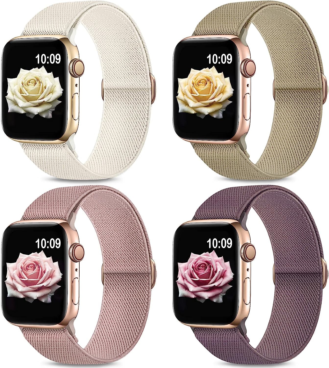 Stretchy Nylon Bands Compatible with Apple Watch Band 38Mm 40Mm 41Mm 42Mm 44Mm 45Mm 49Mm for Women Men, Elastic Solo Loop Adjustable Sport Braided Strap for Iwatch Series 8 7 SE 6 5 4 3 2 1,4 Packs  Sunnywoo Stone/Starlight/Dark Pink/Smoke Violet 42/44/45/49mm 