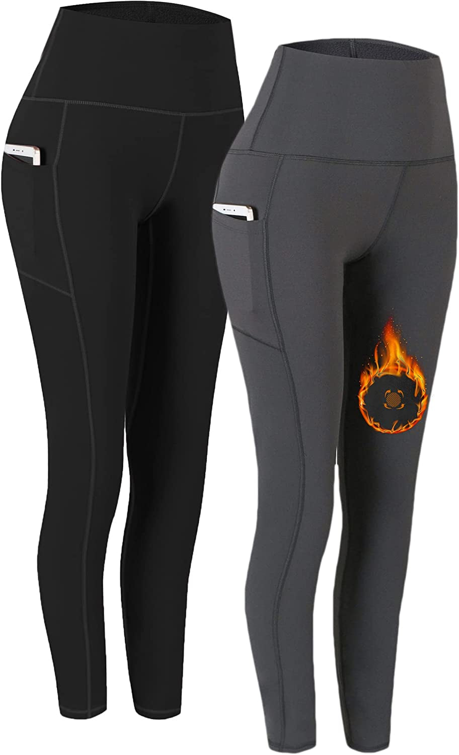 Fengbay 2 Pack High Waist Yoga Pants, Pocket Yoga Pants Tummy Control Workout Running 4 Way Stretch Yoga Leggings  Fengbay Fleece Leggings Black+dark Grey Large 