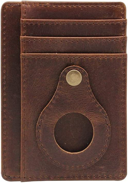 Isamzan Air Tag Wallet Credit Card Holder,Slim Minimalist Genuine Leather Wallet with Money Clip Men Multifunctional RFID Blocking Front Pocket Wallets for Air Tag (Brown)  iSamzan   