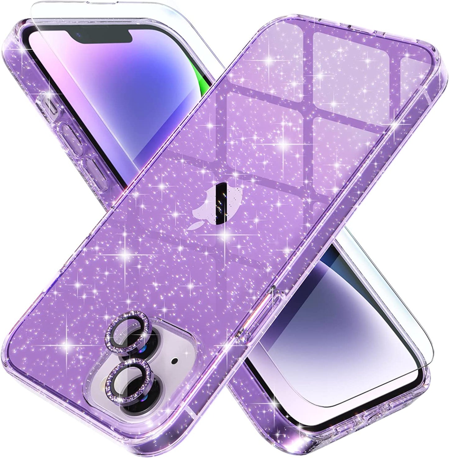Choiche Compatible for Iphone 14 plus Case Cute, Women Clear Glitter Bling Sparkly Case, [2 X Diamond Camera Lens Protectors] [2 X Tempered Glass Screen Protectors] 6.7-Inch (Glitter Black)  Choiche Glitter Purple Iphone 14 Plus 