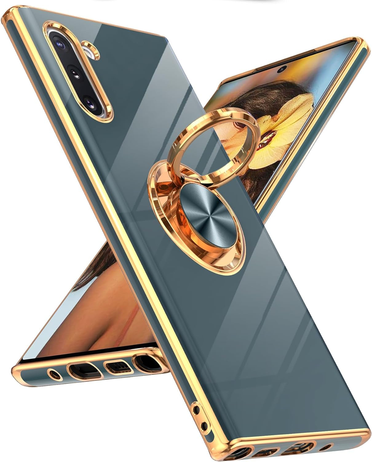 Leyi for Samsung Galaxy Note 10 Case 360° Rotatable Ring Holder Magnetic Kickstand, Plating Rose Gold Edge Protective Case [ Not Applicable Note 10 Plus], White  LeYi Gray  