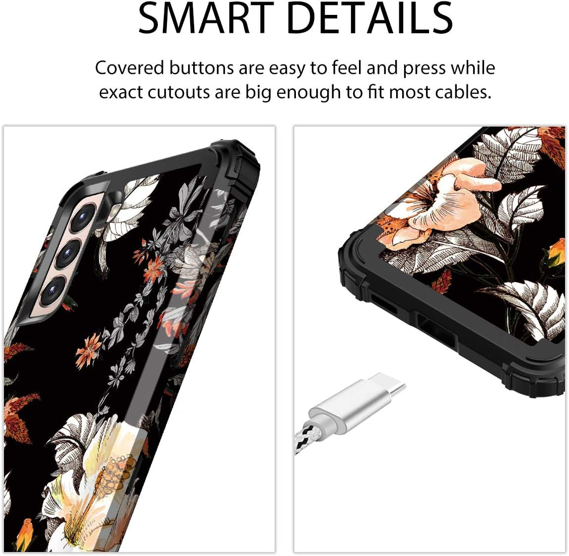 Casetego for Galaxy S21 5G Case,Floral Three Layer Heavy Duty Sturdy Shockproof Soft Tpu+Hard PC Protective Cover Case for Samsung Galaxy S21 5G 6.2 Inch,Orange/Black  Casetego   