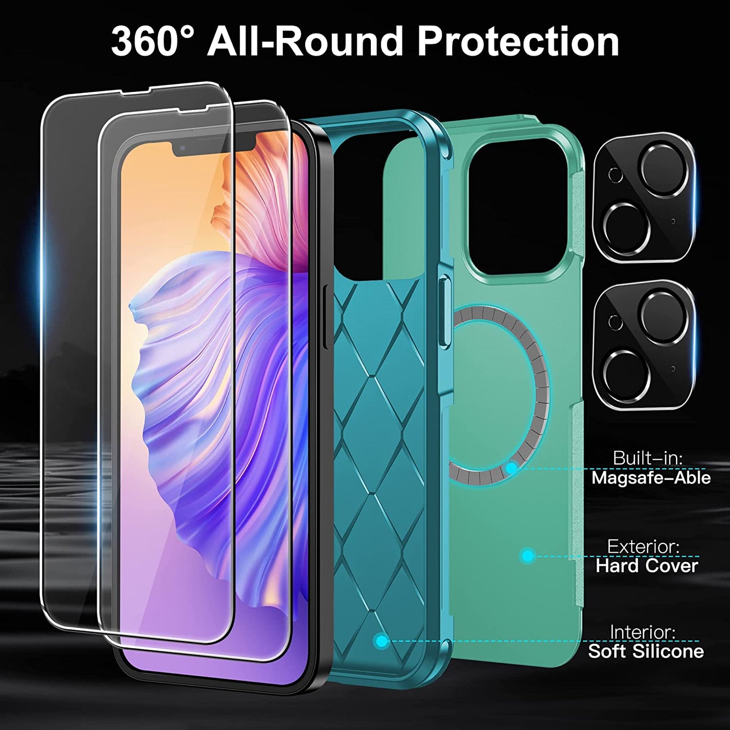 Xiwxi Magnetic for Iphone 14 Case [Compatible with Magsafe][Military Grade Drop Protection] [Glass Screen Protector+Camera Lens Protector] Non-Slip Full-Body Shockproof Phone Case,Green  xiwxi   