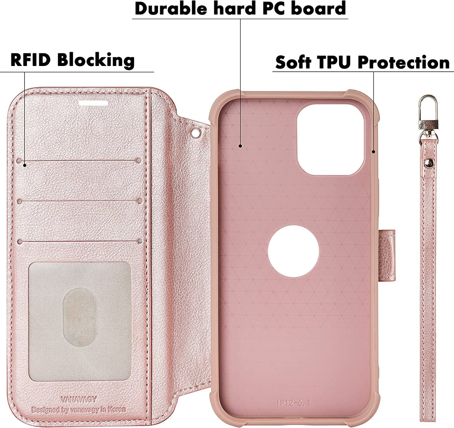 VANAVAGY Iphone 13 Pro Wallet Case Magsafe,Leather Flip Folio Phone Cover Supports Magsafe and Wireless Charging with RFID Block Card Holder and Wrist Strap,Rosegold  VANAVAGY   