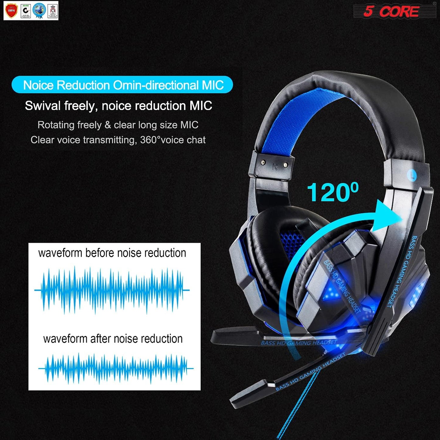 5 CORE 2Pcs Gaming Headset for PS4 PC One PS5 Console Controller, Noise Cancelling Microphone over Ear Stereo Earphones with Mic, LED Light, Bass, Earmuffs for Laptop NES Games Red & Blue HDP GM1 R+B  5 Core Inc.   