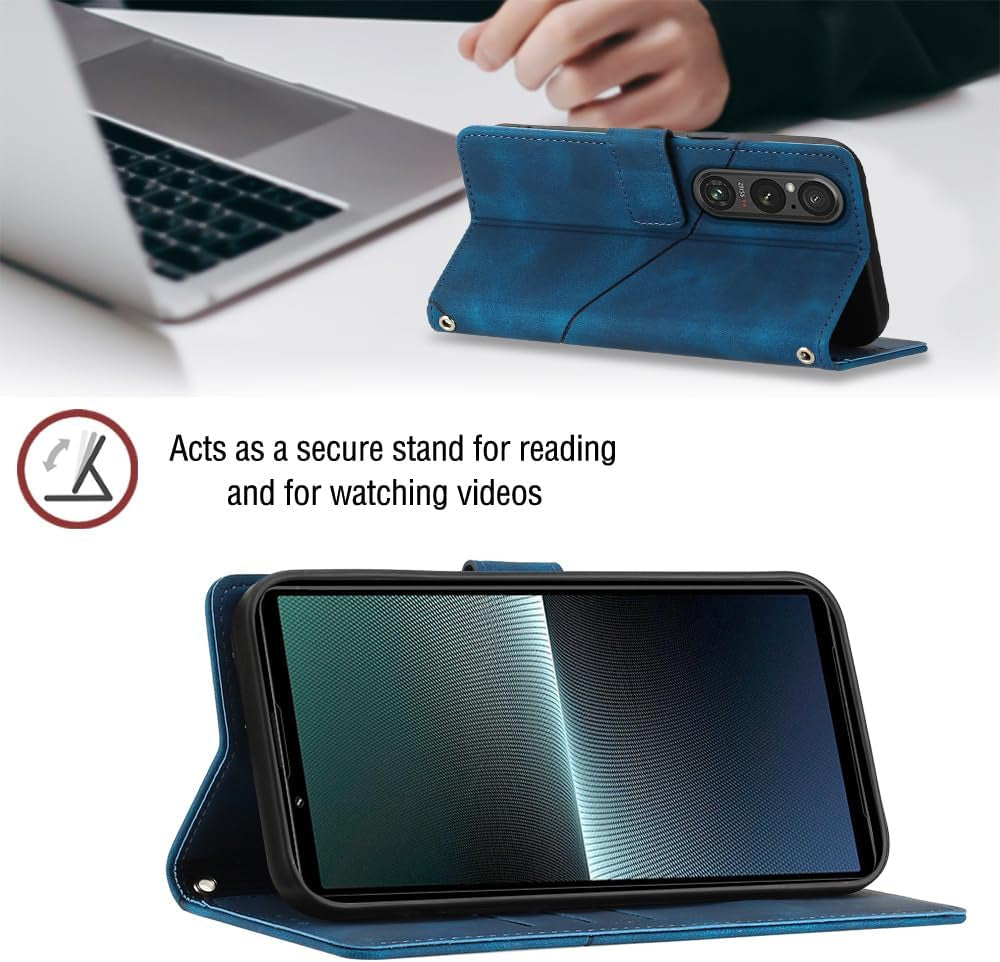 NVWA Compatible with Sony Xperia 1 V Case Wallet with Credit Card Slots Kickstand Wrist Strap and Long Lanyard Blue Leather Crossbody Protective Cover with Embossed Design  NVWA   