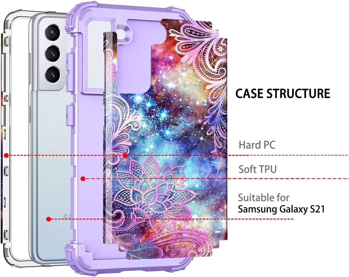Rancase for Galaxy S21 5G Case,Three Layer Heavy Duty Shockproof Protection Hard Plastic Bumper +Soft Silicone Rubber Protective Case for Samsung Galaxy S21 5G 6.2 Inch,Purple Mandala  Rancase   