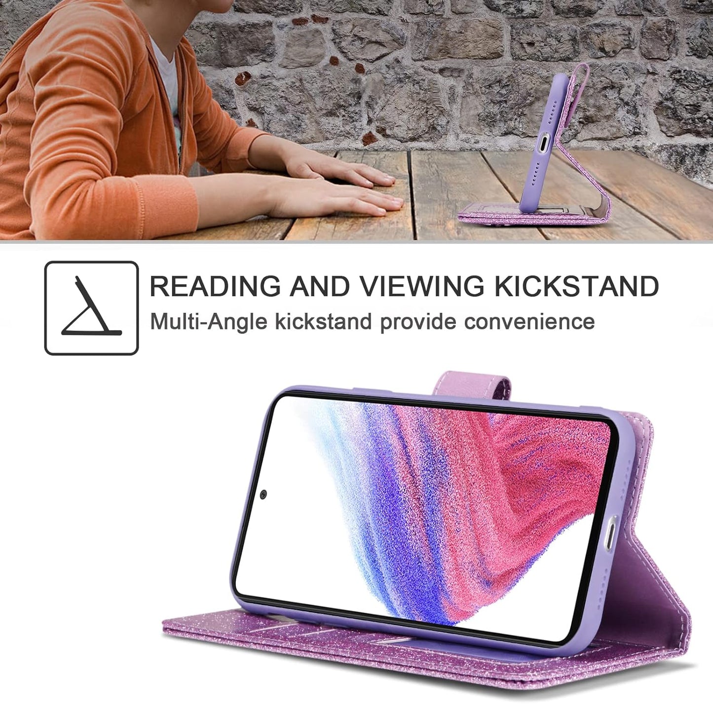 UEEBAI Wallet Case for Samsung Galaxy A53 5G, Premium Glitter PU Leather Phone Case Card Slots Kickstand Case Magnetic Closure Bling Handbag Case Shockproof Hand Strap Flip Cover - Glitter Purple  UEEBAI   