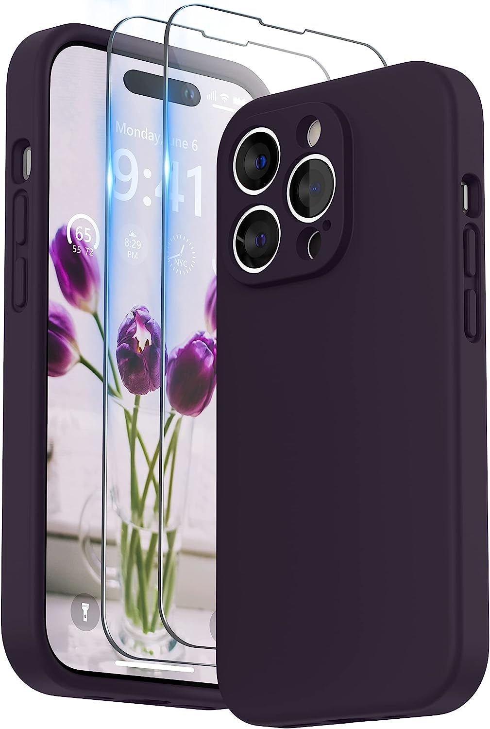 SURPHY Designed for Iphone 14 Pro Case with Screen Protector, (Camera Protection + Soft Microfiber Lining) Liquid Silicone Phone Case, Cactus Green  SURPHY Elderberry  