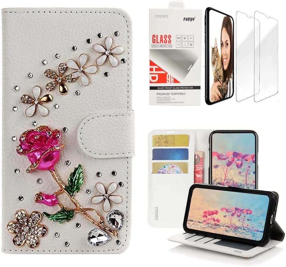 STENES Bling Wallet Case Compatible with LG G7 Thinq - Stylish - 3D Handmade Flowers Design Leather Case with Wrist Strap & Screen Protector [2 Pack] - Pink  STENES Rose Flowers Floral / Red Design For Lg Escape Plus / Lg K30 2019 