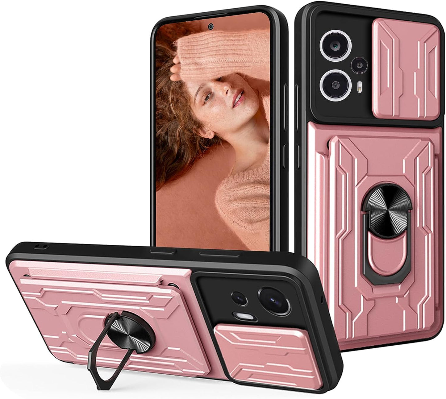 Tncavo for Xiaomi Poco F5 Case with Card Holder, Military Grade Shockproof Heavy Duty Protective with Rotating Ring Kickstand & Camera Cover for Xiaomi Redmi Note 12 Turbo LJ Black  Tncavo Rose Gold Full 