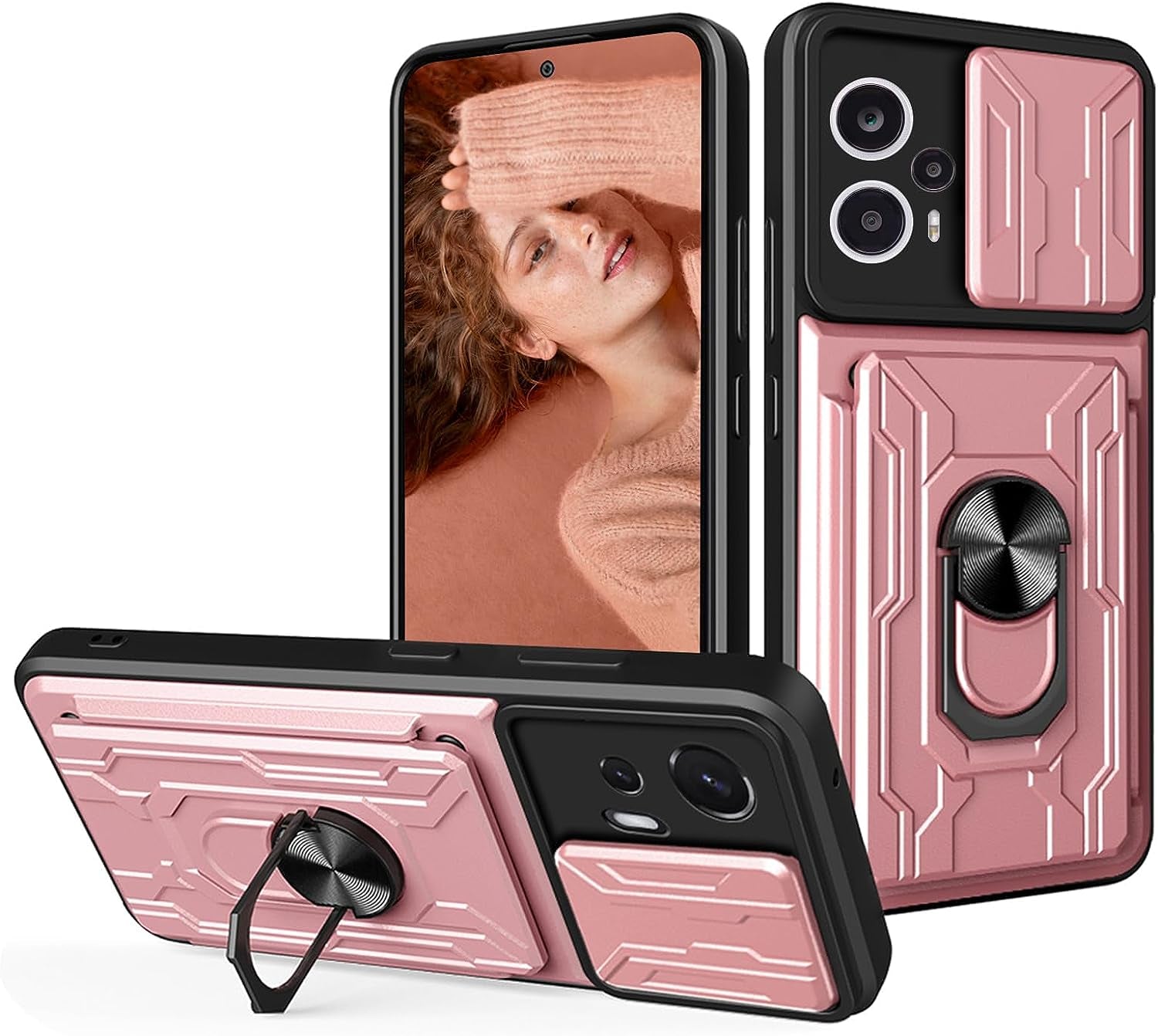 Tncavo for Xiaomi Poco F5 Case with Card Holder, Military Grade Shockproof Heavy Duty Protective with Rotating Ring Kickstand & Camera Cover for Xiaomi Redmi Note 12 Turbo LJ Black  Tncavo Rose Gold Full 