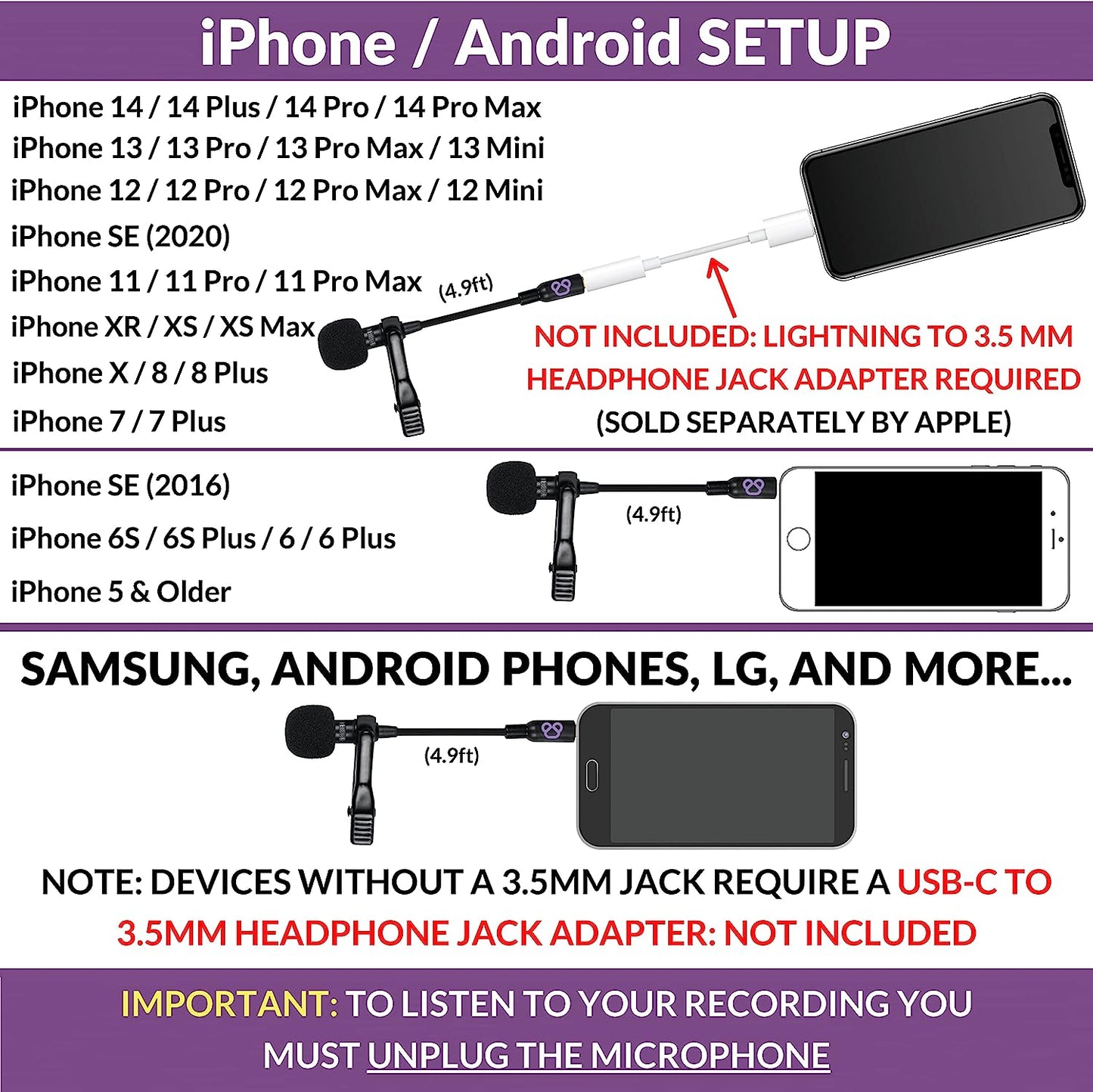 Purple Panda Lavalier Lapel Microphone Kit - Clip-On Omnidirectional Condenser Lav Mic Compatible with Iphone, Ipad, Gopro, DSLR, Zoom/Tascam Recorder, Samsung, Android, PS4  Purple Panda   